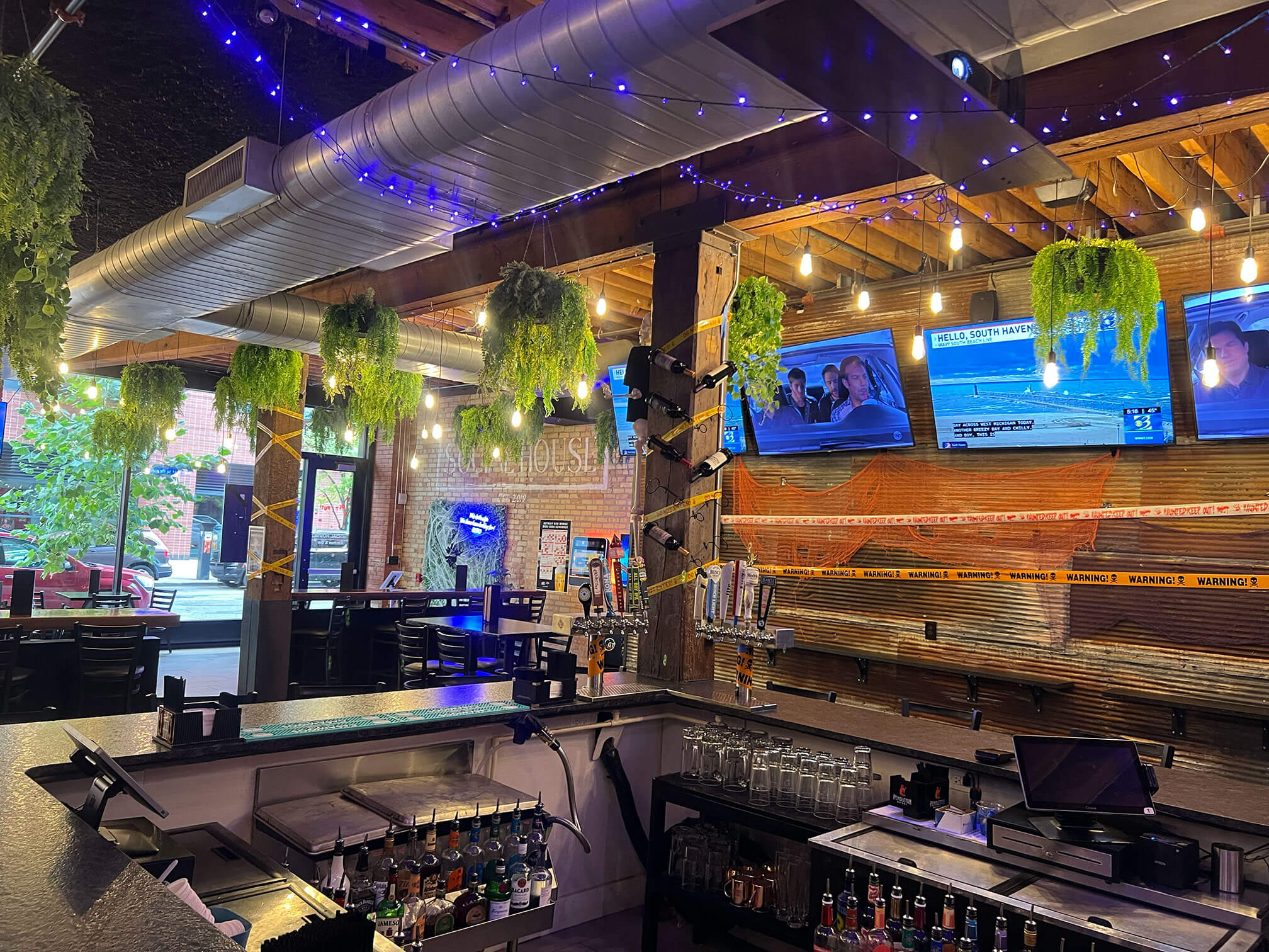 Bar interior, hanging plants, TVs
